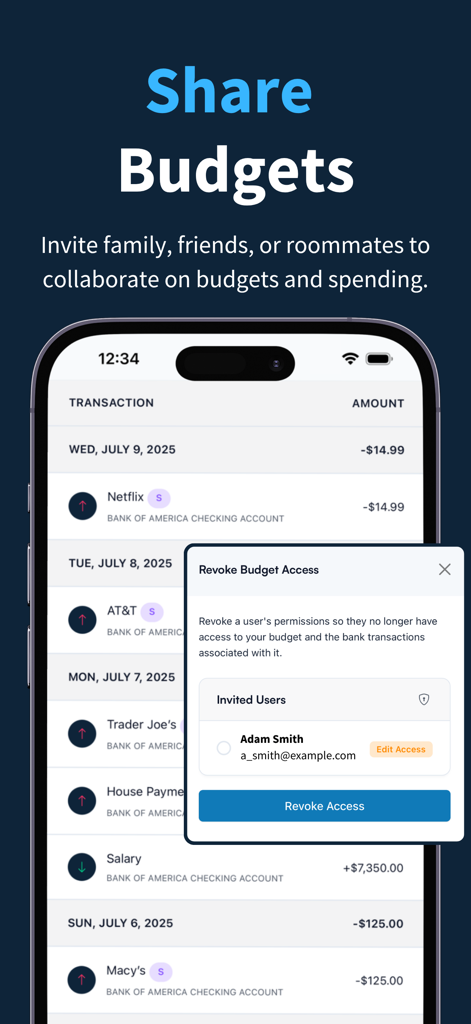 Koody - Budget & Bills Tracker - A mobile screen showing the Koody app feature for sharing budgets with a popup to revoke user access