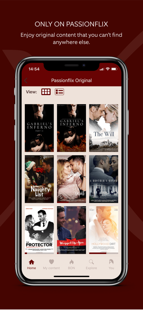 Passionflix - A mobile app interface for Passionflix showing a grid of original romance movie titles like Gabriels Inferno and The Will.