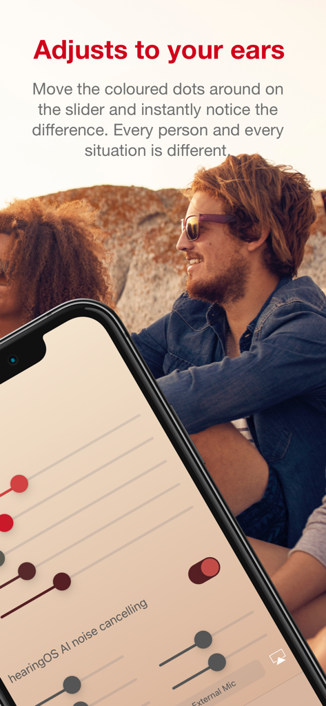 Tela do iPhone mostrando a interface do aplicativo hearingOS com controles deslizantes de som personalizados e cancelamento de ruído por IA