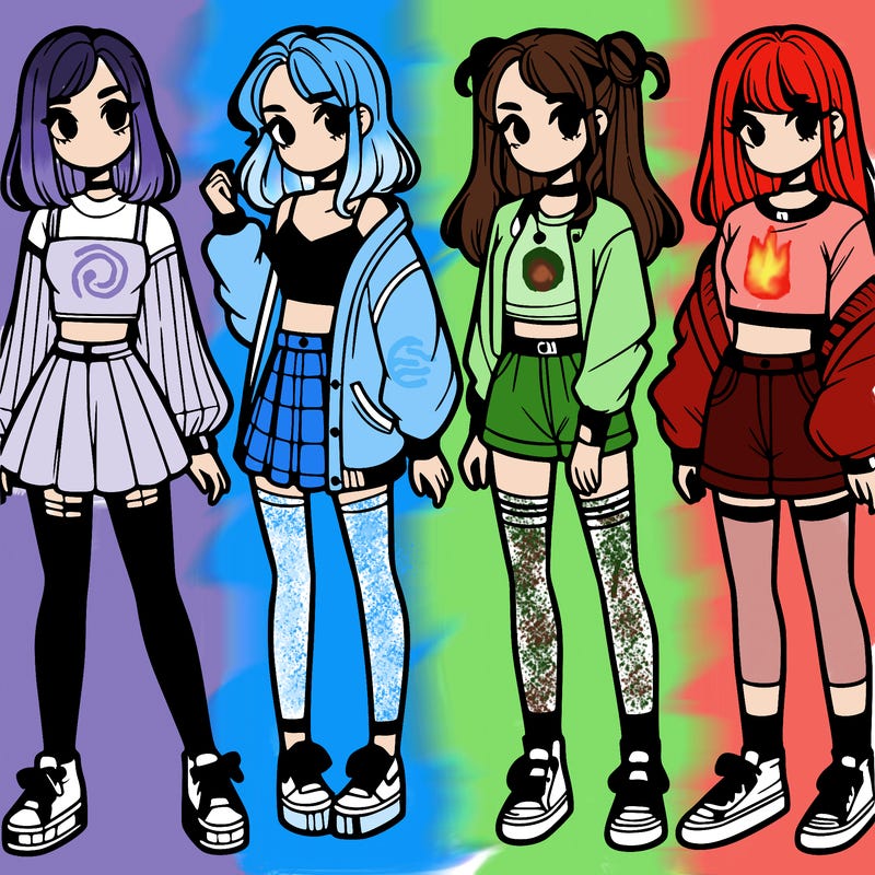 one girl with crop-top shirt and a jacket with a skirt, long socks and another girl with a shirt and pants with a jacket