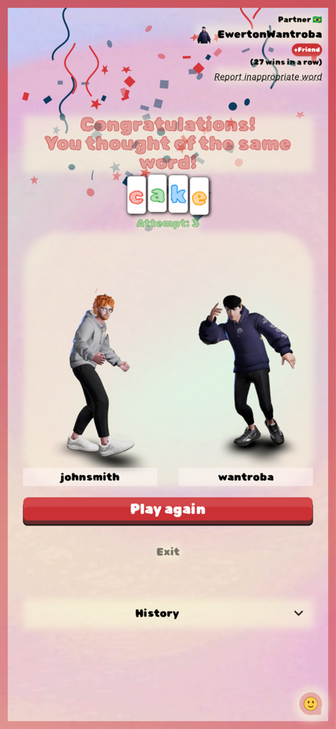 Tela de vitória no jogo Say the Same onde dois jogadores combinaram a palavra bolo em sua terceira tentativa com confetes comemorativos.