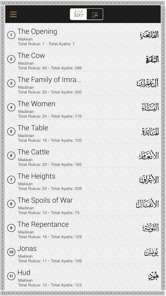 Quran Malay app showing the index of Surahs with English titles and Arabic calligraphy