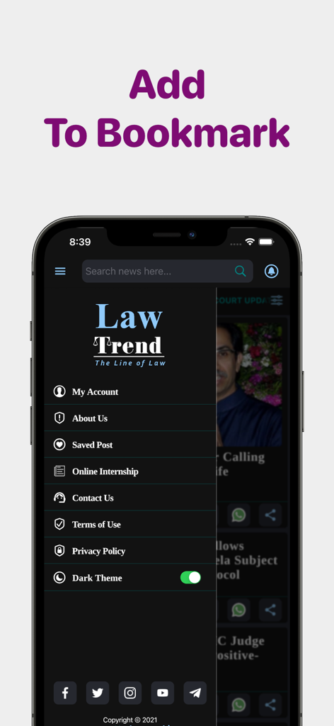 Law Trend mobile app side menu showing options like Saved Post, Online Internship, and Dark Theme toggle.
