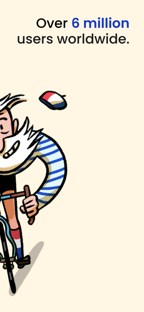 Frantastique - Ilustración caricaturizada de un hombre en bicicleta con texto que indica más de 6 millones de usuarios en todo el mundo.