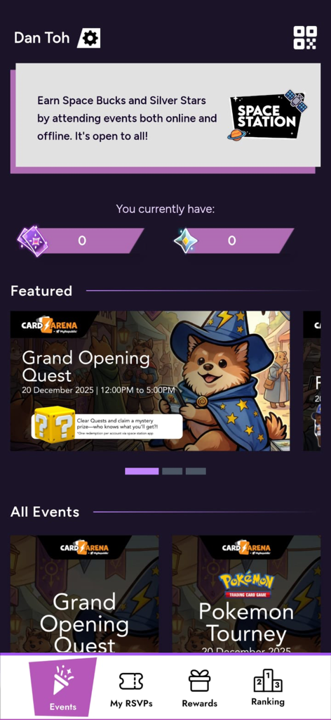 Mobile app dashboard for Space Station showing featured gaming events like Pokemon Tourney and user reward points