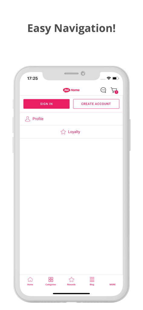 itel home shopアプリのインターフェース。アカウントサインインとナビゲーションメニューが表示されています。