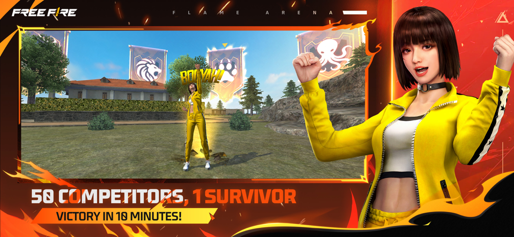 Personaje Kelly con un atuendo amarillo celebrando la victoria en la Arena de Llamas de Free Fire