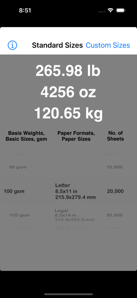 Paper Weight Calculator - Mobile app interface showing paper weight calculation for twenty thousand sheets of letter size paper.
