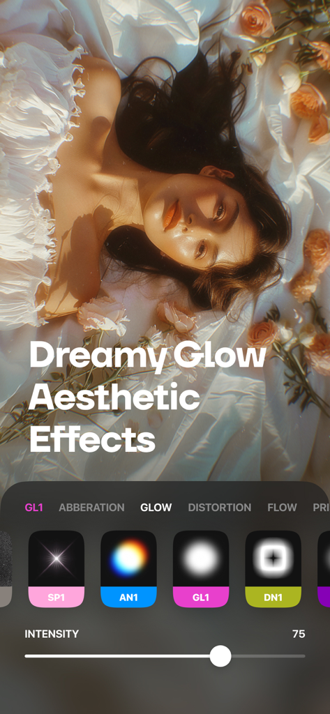 Uplens: Photo & Video Editor - Uplens app interface displaying dreamy glow aesthetic photo effects with an intensity slider.