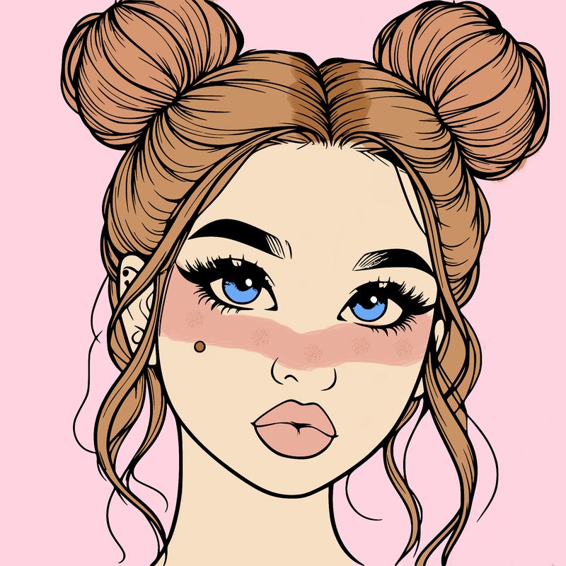 realistic girl with two buns on her hair and lips