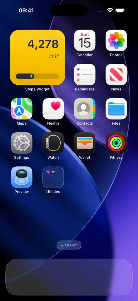 Steps Widget - Walking Tracker - Una pantalla de inicio de iPhone con un prominente widget cuadrado amarillo de la aplicación Steps Widget que muestra un recuento de pasos diarios de 4278.
