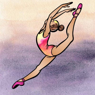 gymnast doing a leap in a leotard with a bent back leg