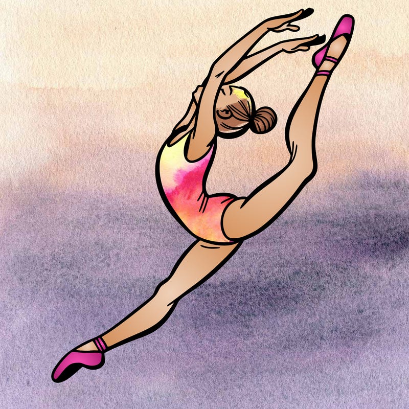 gymnast doing a leap in a leotard with a bent back leg