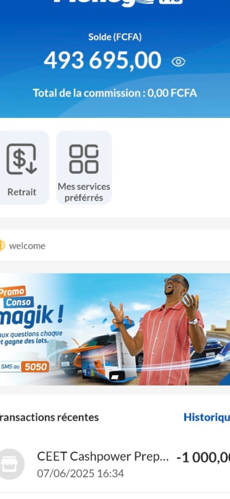 Moov Money TG Pro - Interface of the Moov Money TG Pro app displaying account balance, service options, and transaction history.