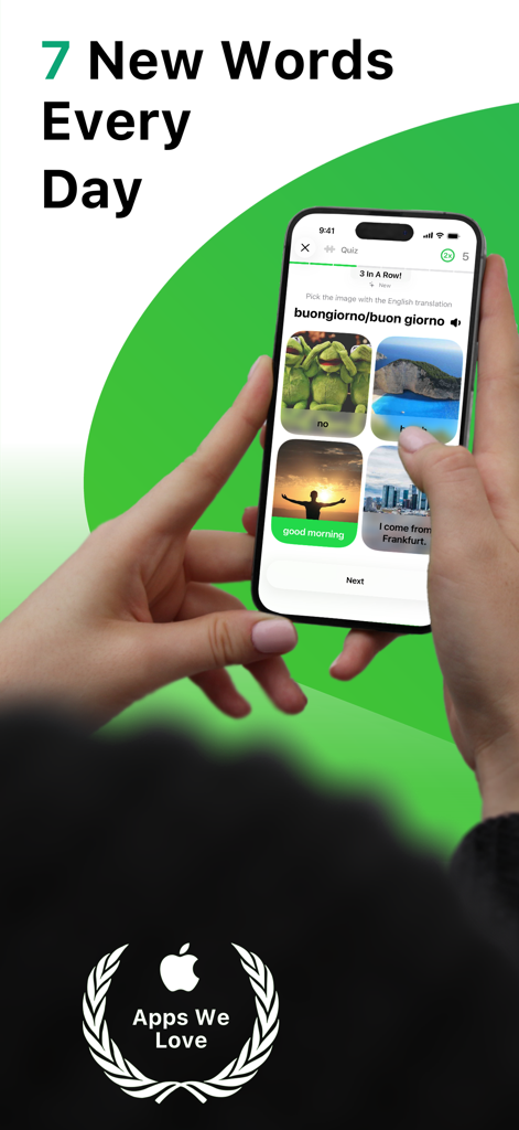 Eine Person benutzt die LENGO-App auf einem iPhone, um neue italienische Wörter durch ein tägliches Bildquiz zu lernen