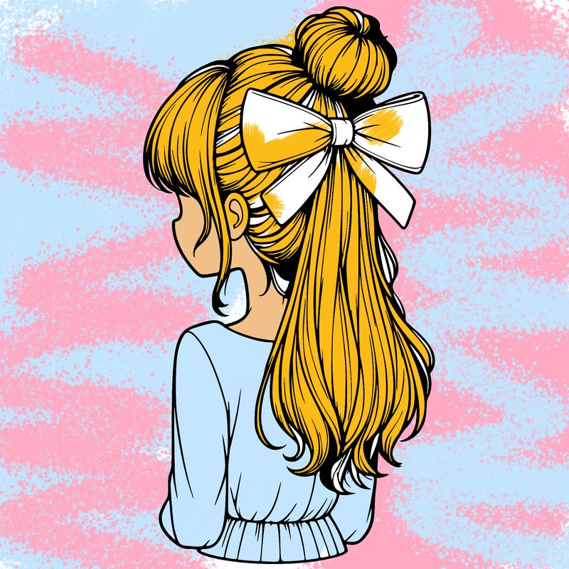 realistic girl  with hip length hair a bun and a big bow on the back of head