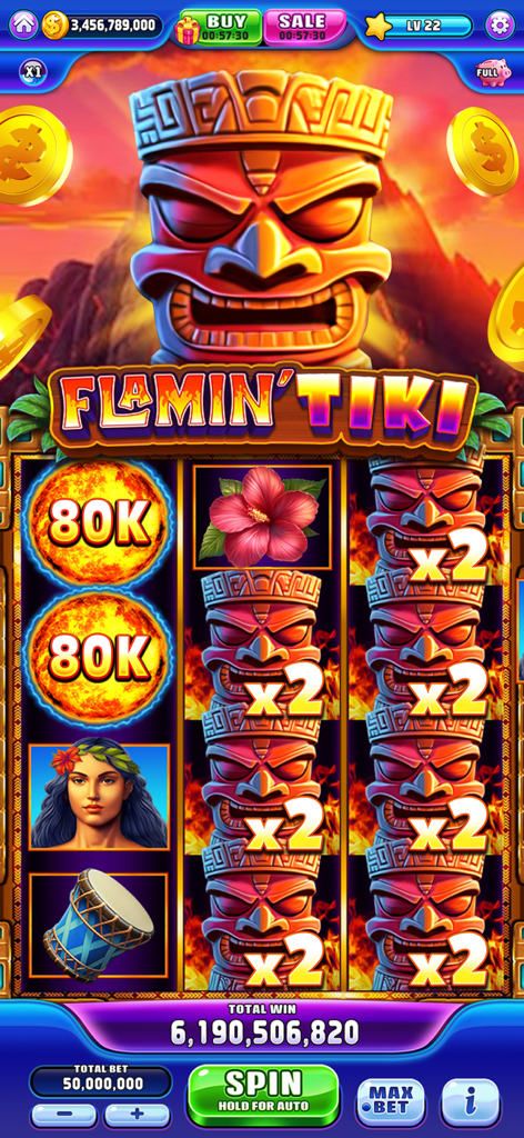 Dragon Jackpot Slots Casino - Flamin Tiki slot machine game screen showing a multi billion coin win with tiki masks and fire themes