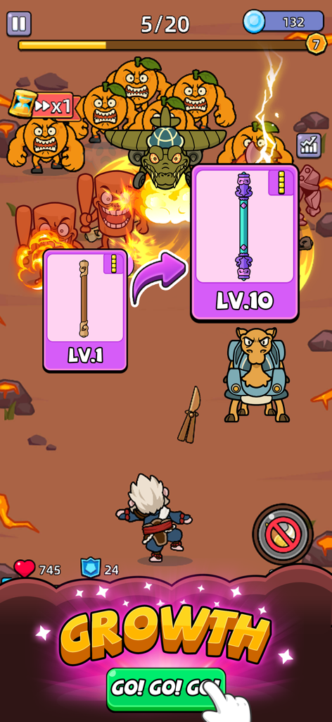 Rumble Bag: backpack battle - Juego de Rumble Bag que muestra un arma subiendo de nivel del uno al diez durante una batalla