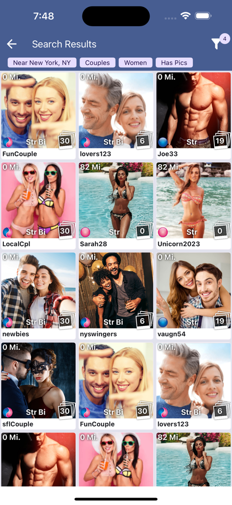 SLS Official Swinger Community - Search results screen on the SLS app showing profiles for couples and singles with photo previews and distance