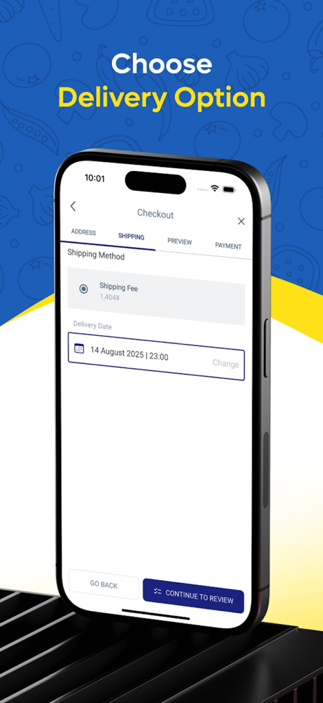 Pantalla de la aplicación Mini Nepal Shopping para elegir opciones de entrega y método de envío.