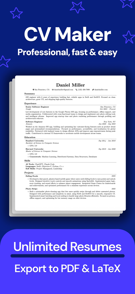 CV Maker - PDF + LaTeX - Professional resume template in CV Maker app with PDF and LaTeX export options
