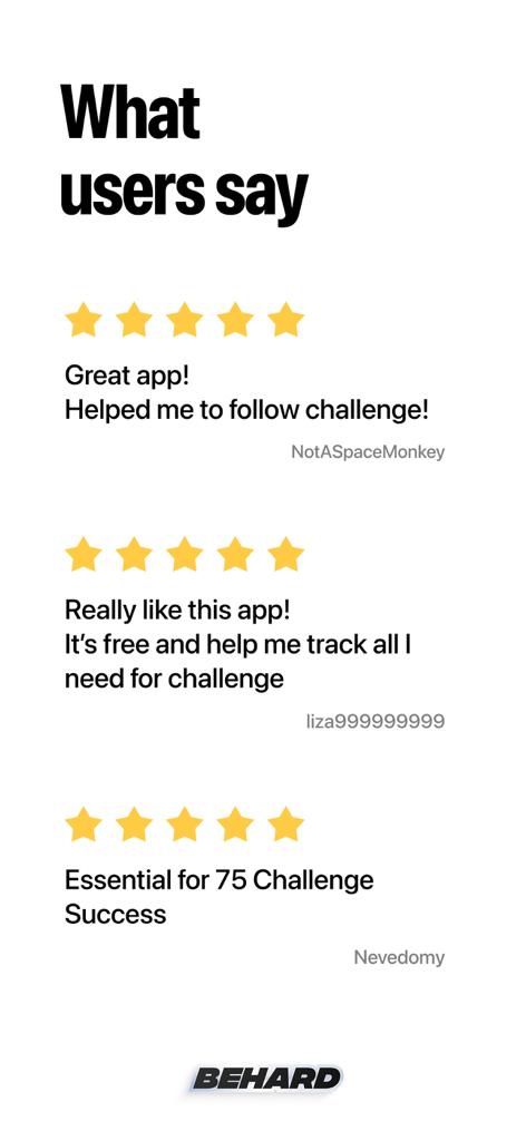 Five star user reviews for BeHard 75 Days Challenge app
