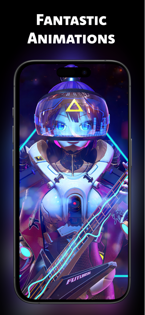 Anime Wallpaper - Live Engine - Futuristic cyberpunk anime character with a guitar on an iPhone screen