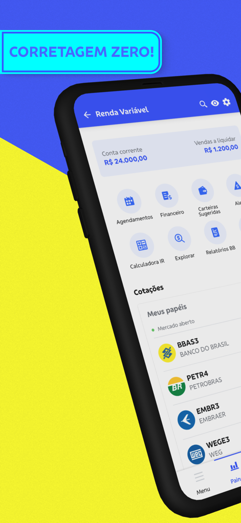 Investimentos BB Taxa Zero - Interface de l'application mobile Investimentos BB Frais Zéro affichant les cotations boursières des entreprises brésiliennes et un aperçu du portefeuille d'investissement