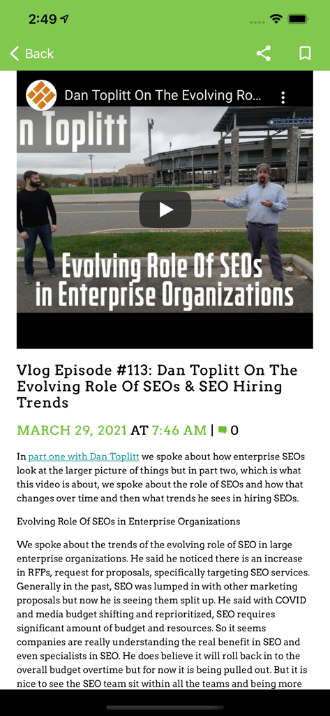 Search Engine Roundtable app displaying a vlog post about SEO hiring trends and enterprise roles