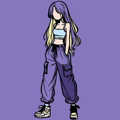 girl in baggy pants crop top and long hair