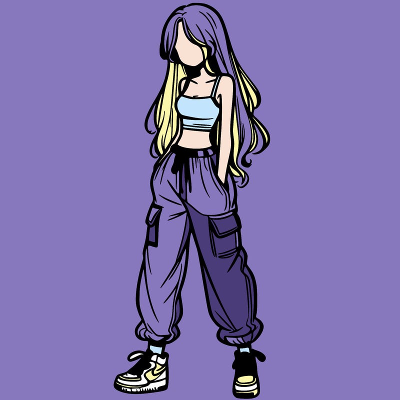 girl in baggy pants crop top and long hair