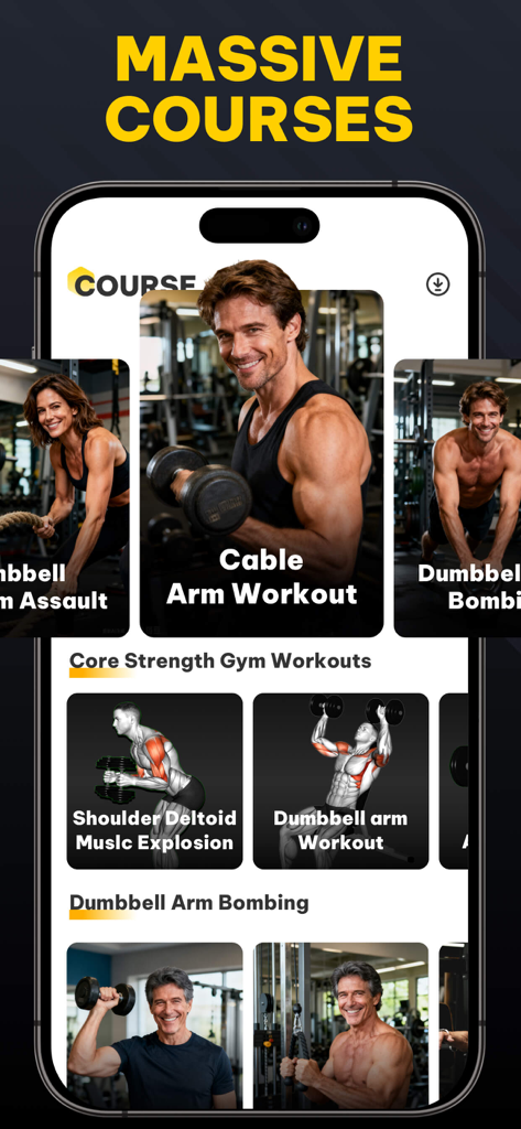 Muscle Monster Workout Planner - Muscle Monster app screen showing various fitness courses for muscle building and strength training with anatomical exercise guides.