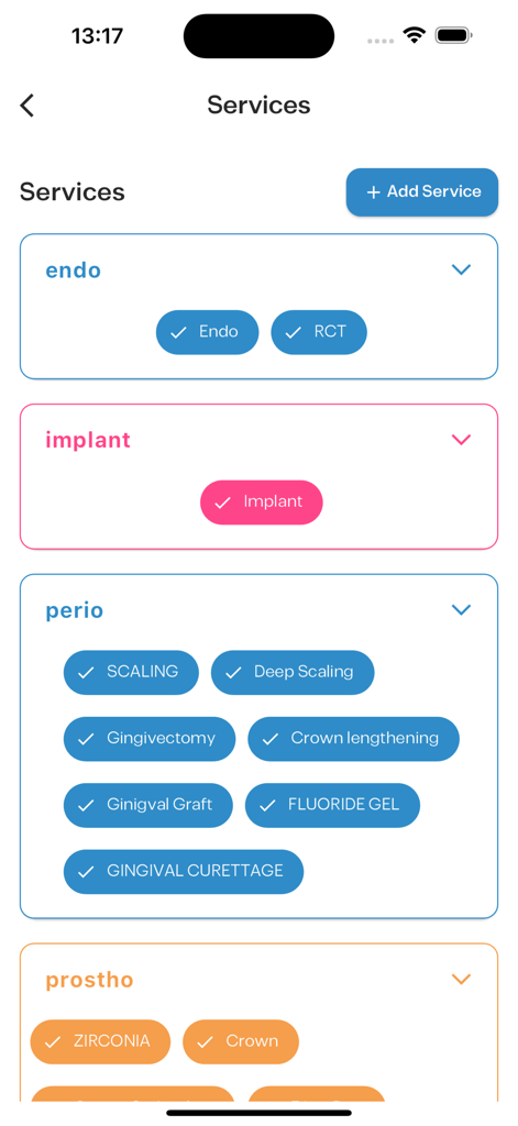 App-Bildschirm zur Verwaltung von zahnärztlichen Leistungen wie Implantaten und Zahnsteinentfernung