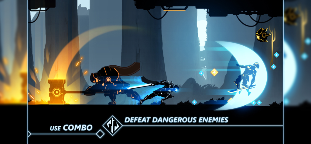 Overdrive Ninja Shadow - サイバーパンクの世界で、巨大な鎧を着た敵に対して剣のコンボ攻撃を実行している忍者のキャラクター