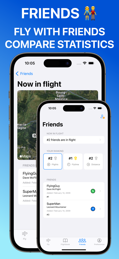 Screenshot della sezione amici dell'app di parapendio Wingman che mostra il tracciamento del volo in tempo reale su una mappa e le classifiche delle performance dei piloti