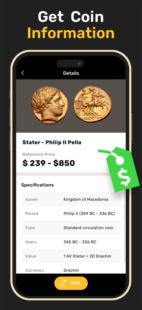 App interface showing detailed identification information and reference price for an ancient Macedonian coin.