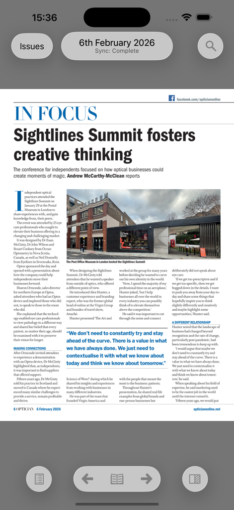 Digitale Leser-Benutzeroberfläche der Optician Magazine App, die einen professionellen Artikel für Augenärzte anzeigt.