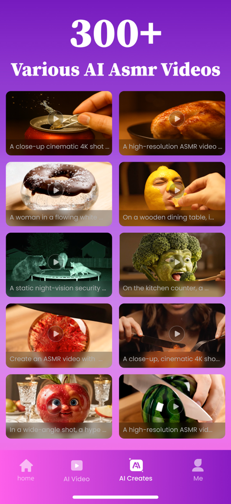 Pollo Max: AI ASMR Video Maker - App screen showing a grid of various AI-generated ASMR video templates.