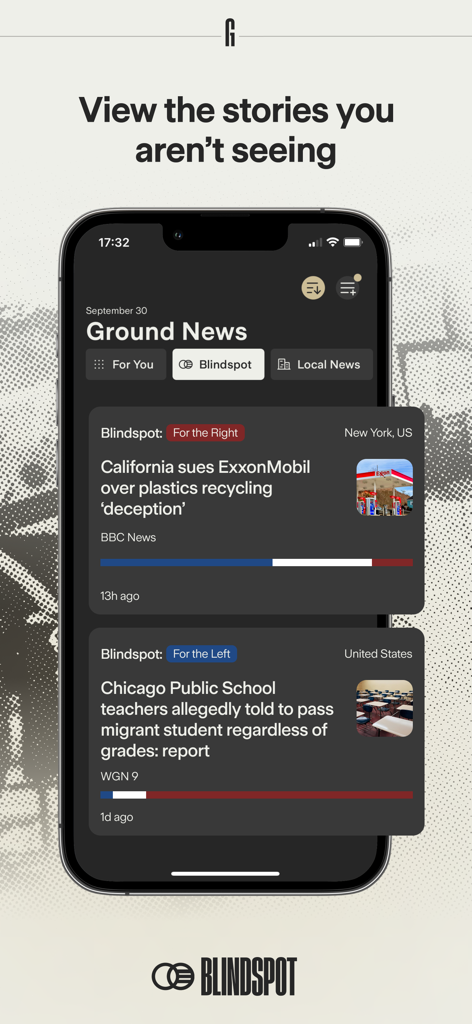 Ground News - Ground News app interface displaying the Blindspot feature which identifies news stories based on political bias