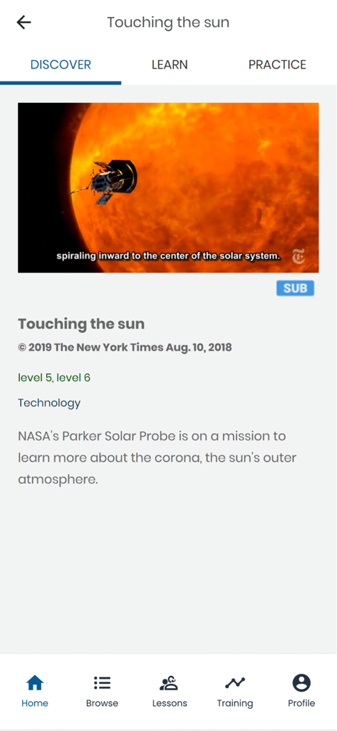 Interfaz de la aplicación goFLUENT que muestra un artículo de video sobre tecnología de The New York Times para formación lingüística profesional