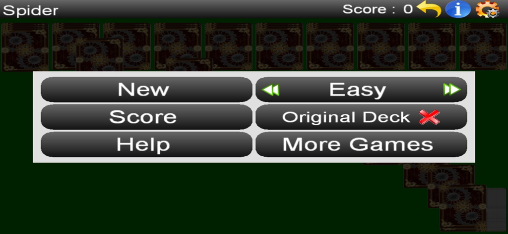 Main menu of Spider Solitaire Lite showing game options like difficulty and score
