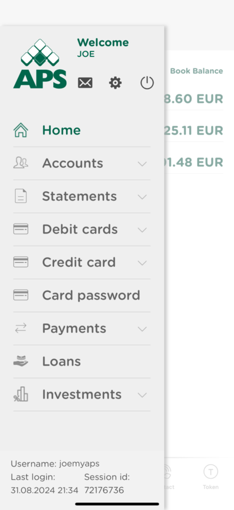 The sidebar navigation menu of the myAPS mobile banking app displaying various financial management options.