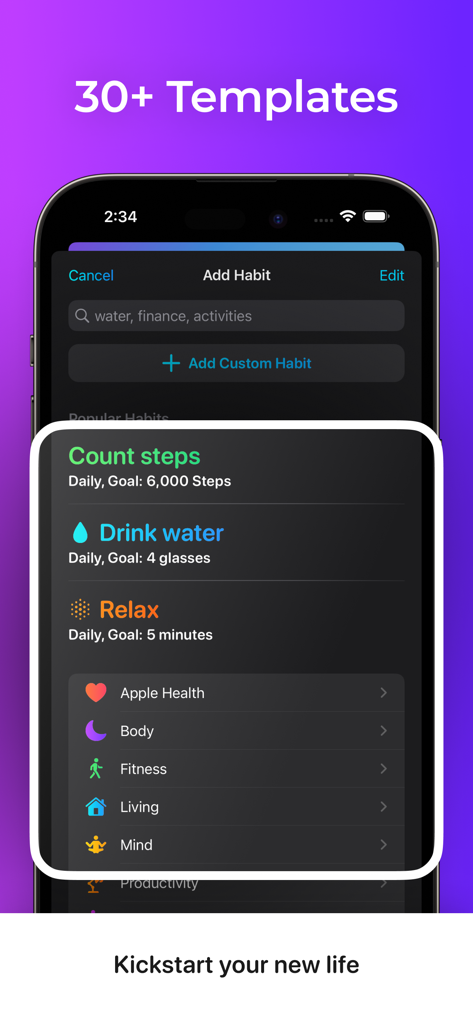 HabitApp: Habit Tracker - Mobile interface of HabitApp showing habit templates for tracking steps and water intake