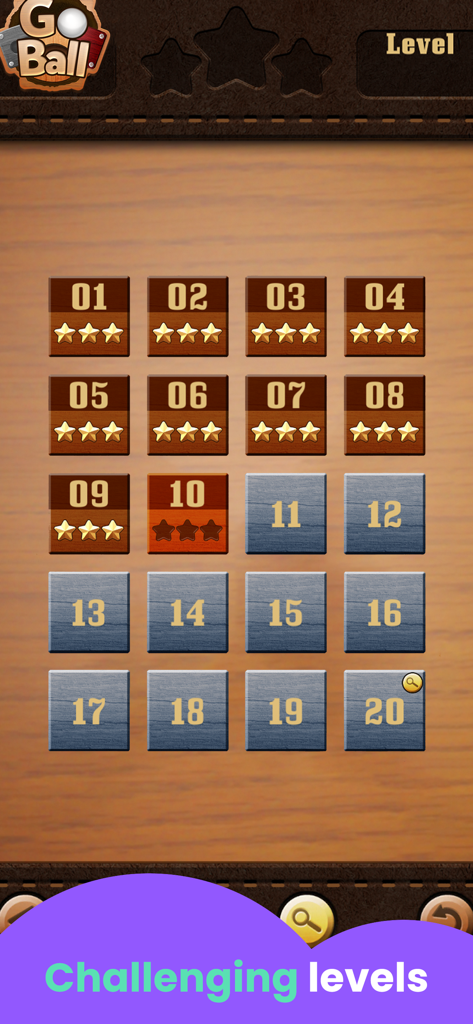 Go Ball puzzle game level selection screen with completed and locked levels