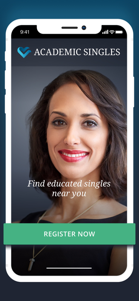 Academic Singles - Academic Singles mobile app home screen featuring a professional woman and a call to action to find educated singles.