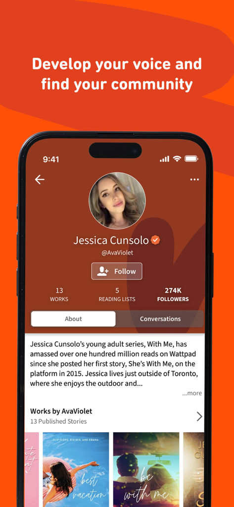 Wattpad - Read & Write Stories - Aplicación móvil Wattpad que muestra el perfil de un autor con el número de seguidores e historias publicadas.