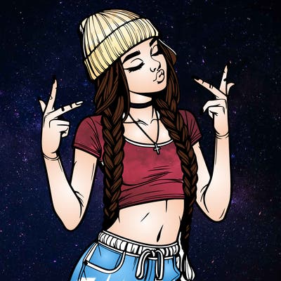 realistic teenage girl with braids and a beanie and crop top doing 🫶🏼