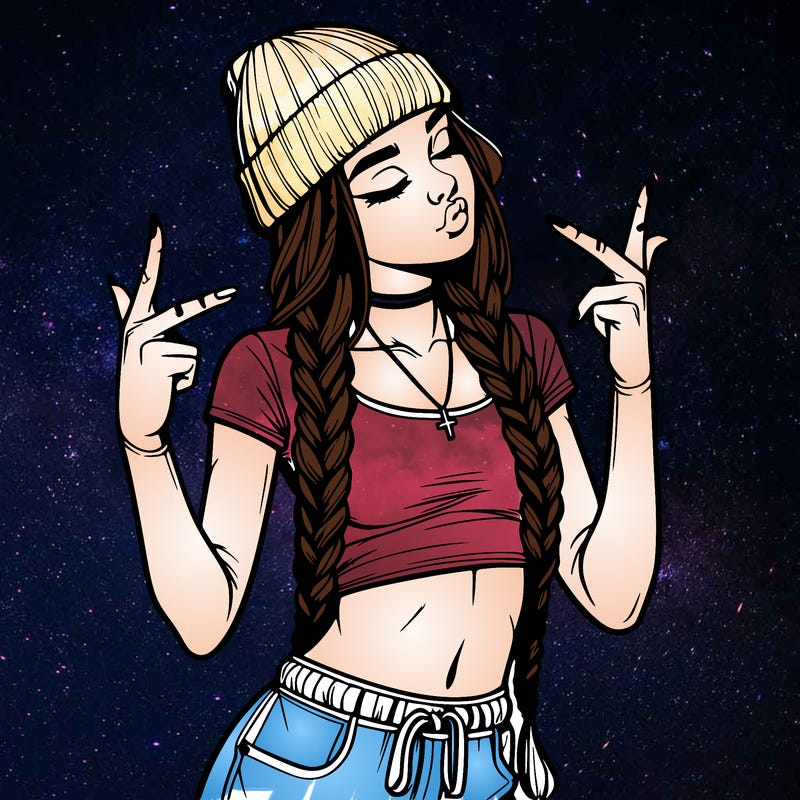 realistic teenage girl with braids and a beanie and crop top doing 🫶🏼