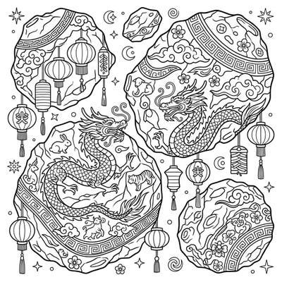 Embark on an epic coloring journey with this unique page featuring asteroids adorned with vibrant Lunar New Year designs. Discover intricate dragons, festive lanterns, and traditional zodiac animals ready for your creative touch.