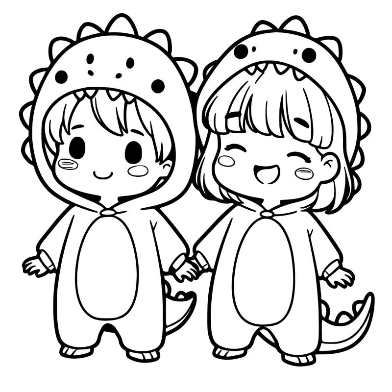 a girl and a boy in dinosaur onesies